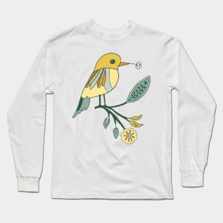 Pattern from indian floral rosettes with birds on green Long Sleeve T-Shirt